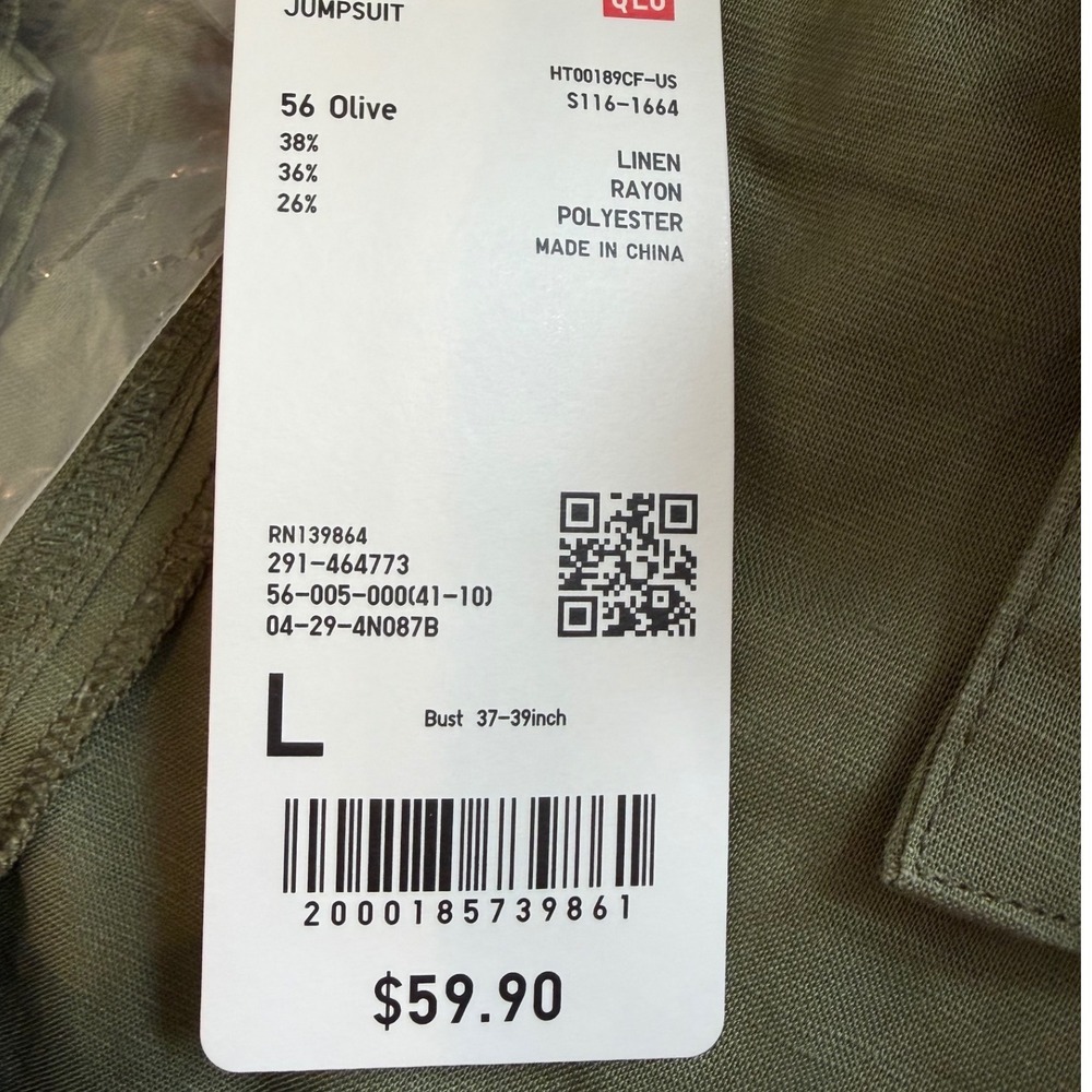 Uniqlo Linen Blend Jumpsuit Womens L Olive Green Wide Leg Minimalist Summer Boho - Picture 4 of 7
